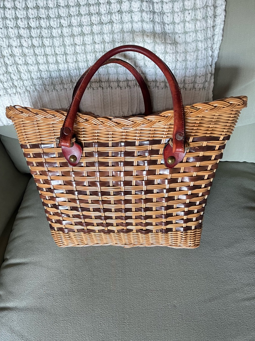 Vintage Woven Rattan Tote Bag with Brown Leather Handles